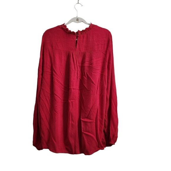 Torrid Blouse 1X Red Crinkle Gauze Crochet Detail Top‎ Longsleeve Casual - Picture 9 of 12